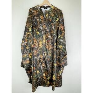 DRESSED IN LALA Camo Leaf Print Oversized Satin Button-Up Tunic Shirt Size XL